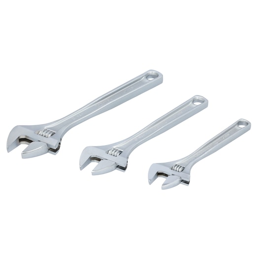 PROTO J795A set of three adjustable wrenches, silver finish, shown on white background, side angle.