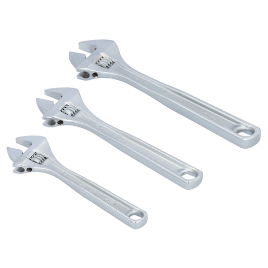PROTO J795A adjustable wrench set, three silver wrenches of different sizes, side angle on white background.
