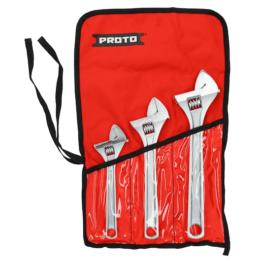 PROTO J795A adjustable wrench set, three silver wrenches in a red roll-up pouch, photographed from above.