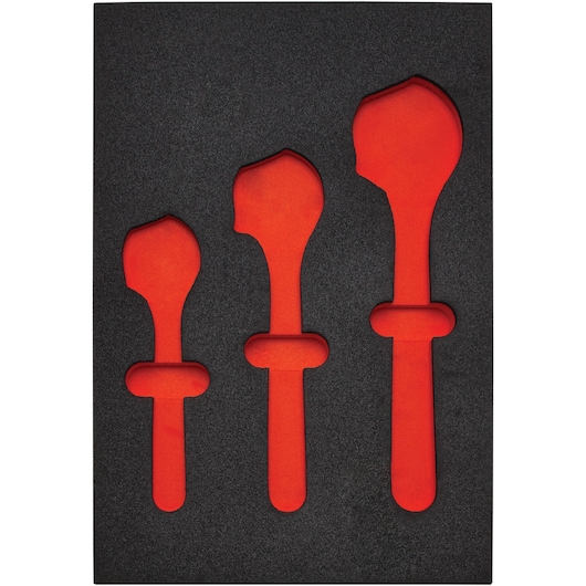 Photo of PROTO J795F black foam insert with three cutouts for tools, top-down angle.