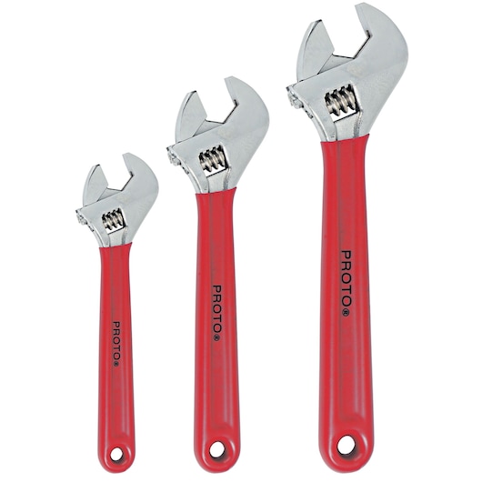 PROTO J795G adjustable wrench set, three sizes, silver heads, red handles, front angle, white background.