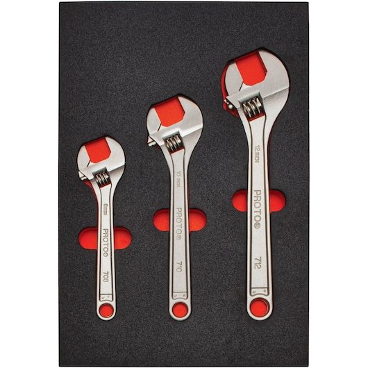 PROTO J795K wrench set with three adjustable wrenches in foam tray, photo on white background.