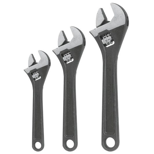 PROTO J795S adjustable wrench set, three sizes, metal tools, front angle, white background.