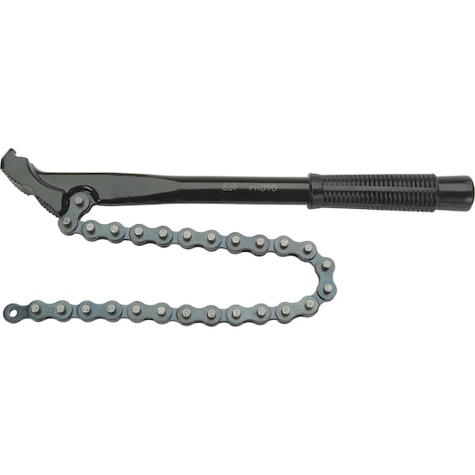 PROTO J801 chain wrench with black handle and steel chain, side view, on white background.