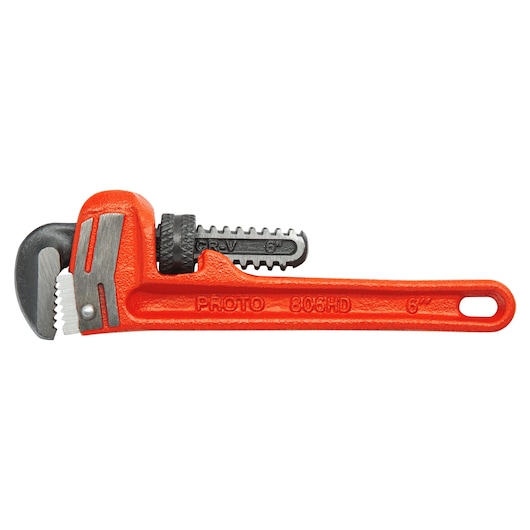 PROTO J806HD pipe wrench with orange handle, steel jaws, side view on white background.
