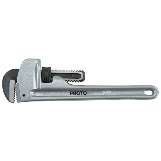PROTO J810A silver pipe wrench side view with knurled adjustment and hole in handle.