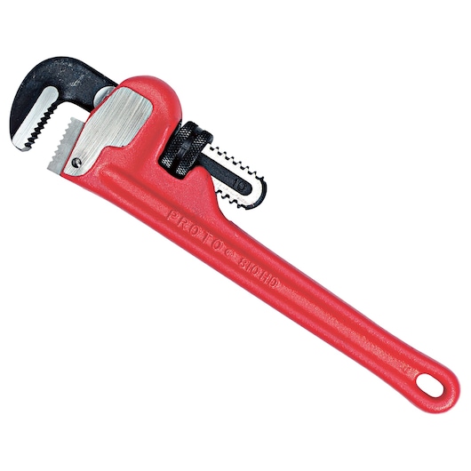 Photo of PROTO J810HD red pipe wrench, metal jaw and adjustment gear, top angle, white background.