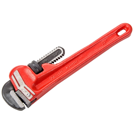 PROTO J810HD pipe wrench with red handle, side angle, photography of hand tool on white background.