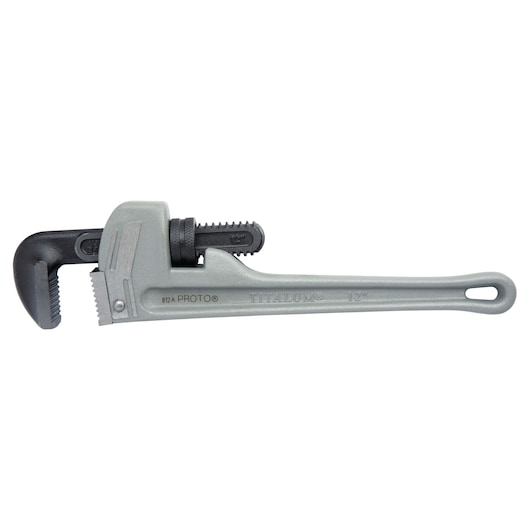 Photo of PROTO J812A pipe wrench with gray handle and black adjustable jaw, side angle on white background.