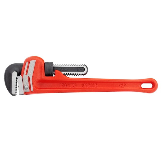 PROTO J812HD heavy-duty pipe wrench, red handle, side angle on white background.