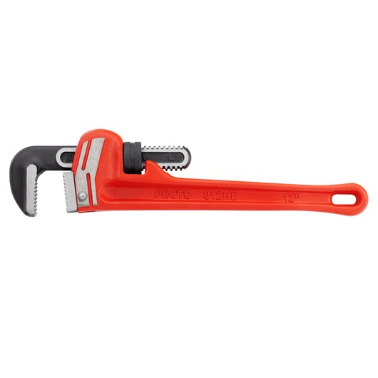 Photo of PROTO J812HD pipe wrench with red handle and steel jaw, side view on white background.
