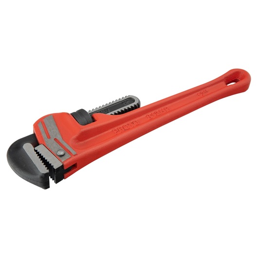 PROTO J812HD pipe wrench with red handle and adjustable serrated jaws, angled view on white background.