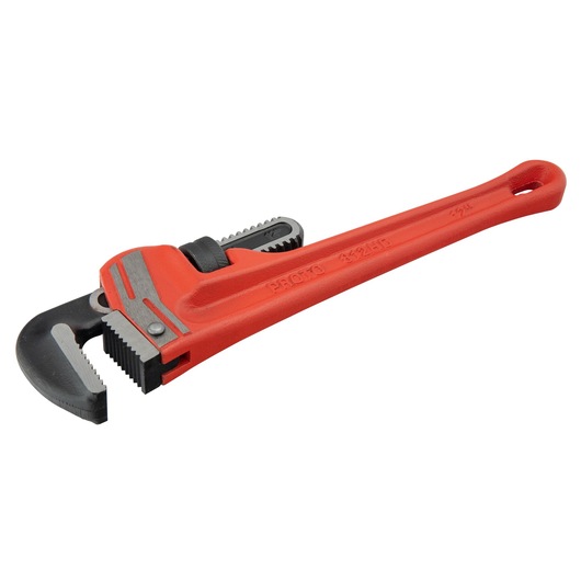 PROTO J812HD pipe wrench with red handle, angled view, showing serrated jaws and adjustment mechanism.