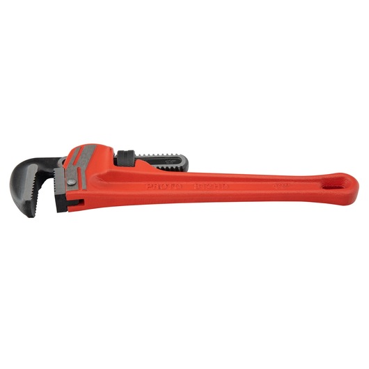 PROTO J812HD red heavy-duty pipe wrench, side view, metal jaw and handle on white background.
