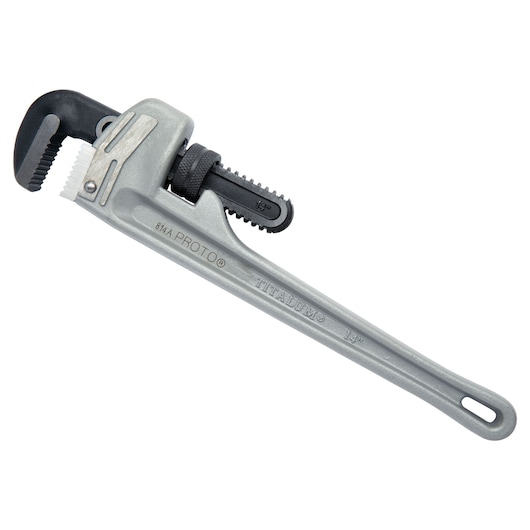 PROTO J814A aluminum pipe wrench, 14-inch, silver and black, side angle, on white background.