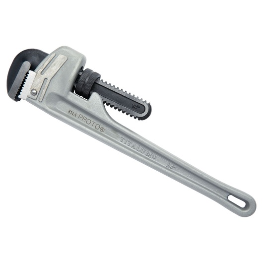 PROTO J814A silver pipe wrench with black jaw, side angle on white background.