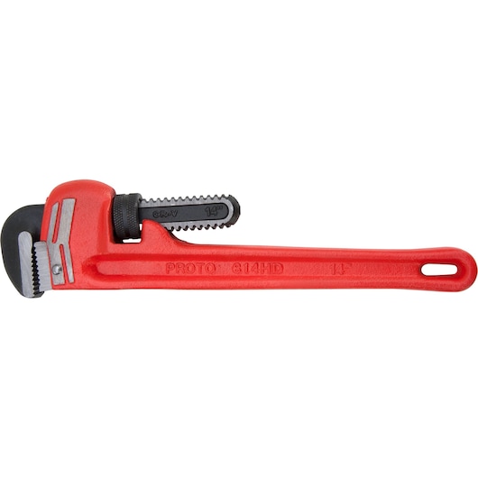 Photo of PROTO J814HD pipe wrench with red handle, side angle on white background.