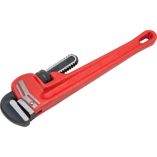 PROTO J814HD pipe wrench, red handle, silver adjustable jaw, studio angle on white background.