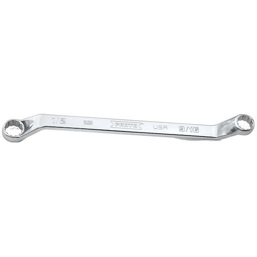 PROTO J8181-T500 chrome offset box wrench with 1/2 and 9/16 inch ends, side view on white background.