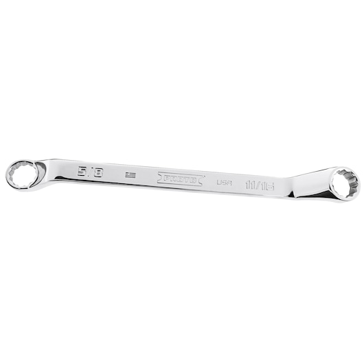 PROTO J8182-T500 chrome double box end wrench, 5/8 and 11/16 sizes, side view, white background.