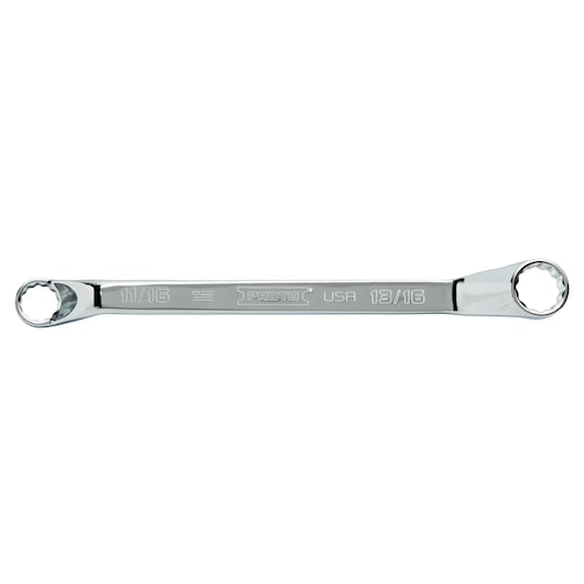PROTO J8183-T500 double box end wrench, chrome finish, two different SAE sizes, flat angle, white background.