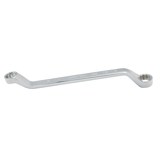 PROTO J8183-T500 offset box end wrench, chrome finish, photography, side angle on white background.