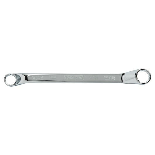 PROTO J8184-T500 chrome double box end wrench, 3/4 and 7/8 sizes, front view, on white background.