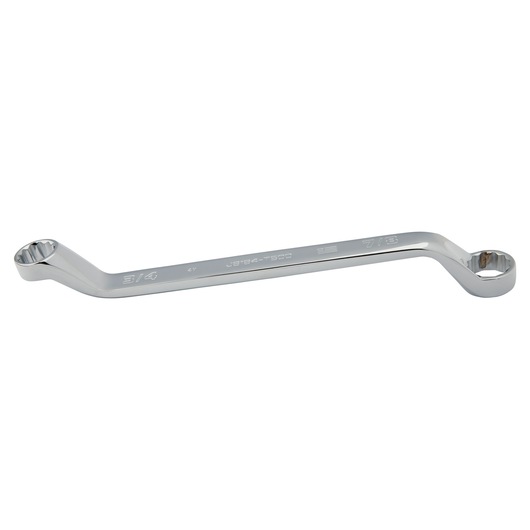 PROTO J8184-T500 chrome double box end wrench, photography, side angle on white background.