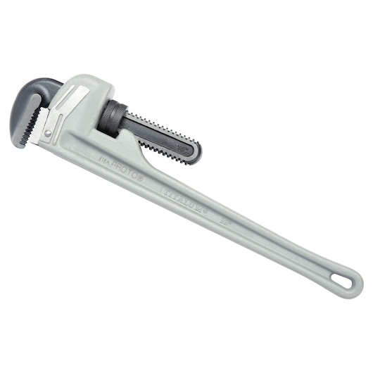 Photo of PROTO J818A 18-inch silver pipe wrench with serrated jaws, side angle on white background.