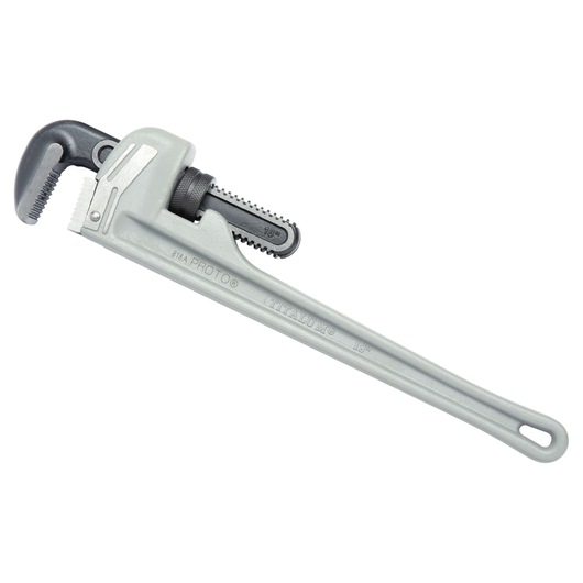 PROTO J818A aluminum pipe wrench photography, side angle, silver handle, black adjustable jaw.