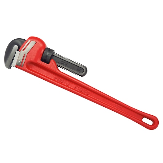 PROTO J818HD red pipe wrench, 18-inch, side angle, steel jaws, on white background.