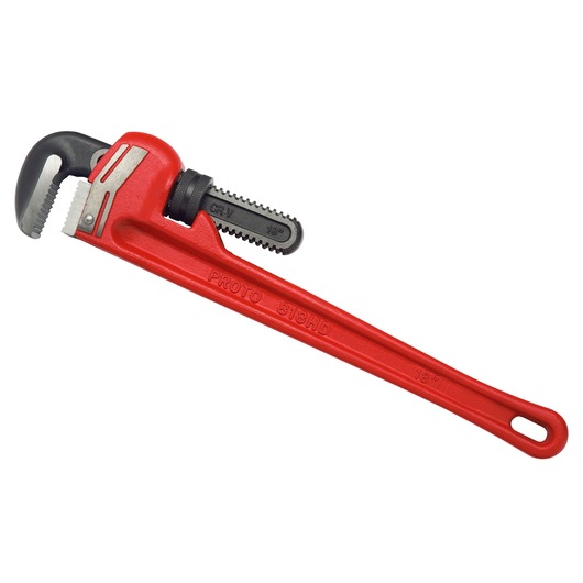 Photo of PROTO J818HD heavy-duty red pipe wrench with serrated jaws, angled on white background.