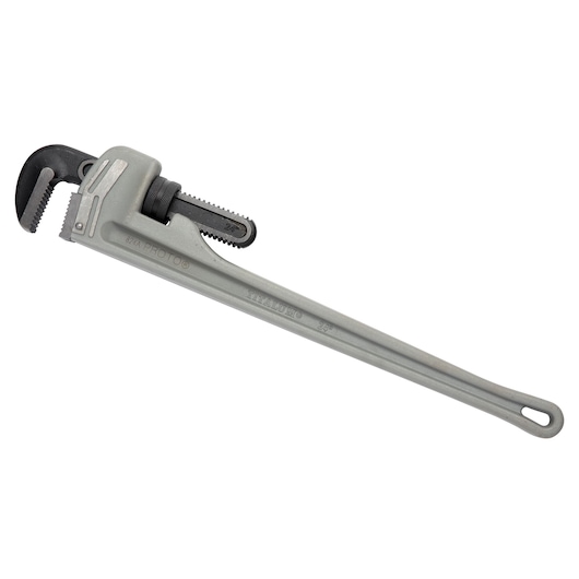 PROTO J824A titanium pipe wrench, silver color, side angle, isolated on white background.