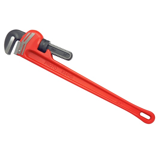 PROTO J824HD red heavy-duty pipe wrench, side angle, metal jaw and long handle on white background.