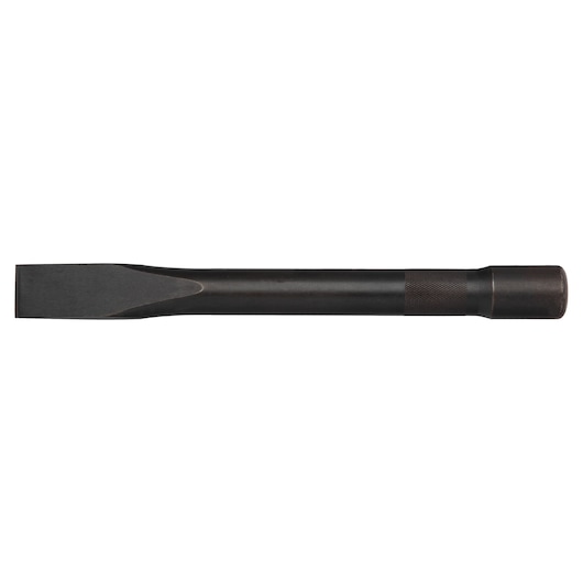 PROTO J86001 black flat cold chisel tool, side angle, knurled grip, metal hand tool on white background.