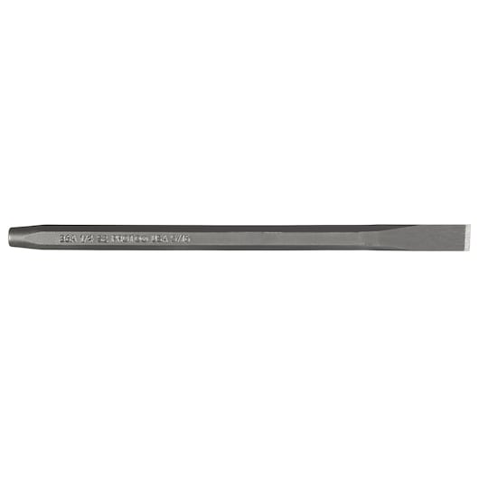 Photo of PROTO J86A1-4S2 hexagonal flat chisel, steel tool, side view on white background.