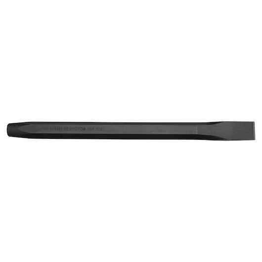Photo of PROTO J86A3-4X12S2 cold chisel, black steel, hexagonal body, flat cutting edge, side view on white background.
