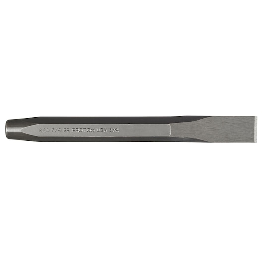 PROTO J86A5-8S2 steel flat chisel tool, side angle, silver and gray finish, on white background.
