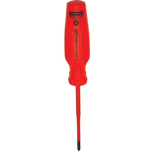 PROTO insulated Phillips screwdriver J90001-VDE, red handle and shaft, product photography, front angle on white.
