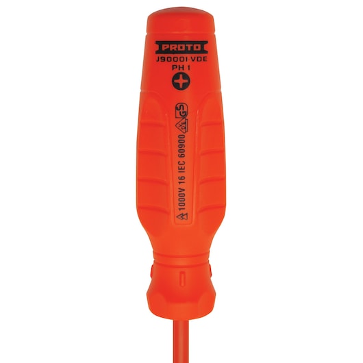 Close-up view of an orange insulated screwdriver with a PROTO brand label, model J90001-VDE PH 1, showing voltage and certification information printed on the handle.