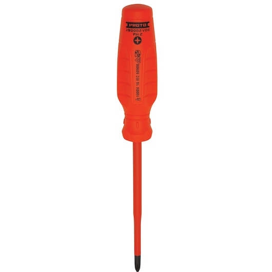 PROTO J90002-VDE insulated Phillips screwdriver, orange handle, photographed from front on white background.