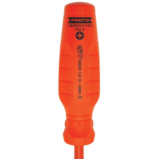 Close-up of an orange insulated screwdriver handle labeled with the PROTO brand, SKU J90002-VDE, PH 2, and safety certification markings.