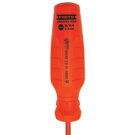 Close-up image of an orange insulated screwdriver handle by PROTO, model J90003-VDE, displaying technical specifications and certification markings stamped in black.