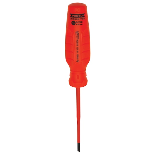 PROTO J90004-VDE insulated red flat blade screwdriver front view on white background.