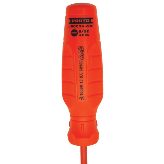 Close-up image of an orange PROTO insulated screwdriver handle with model J90004-VDE, featuring safety certification markings and specifications for 5/32 inch (4.0 mm) and rated 1000V IEC 60900.