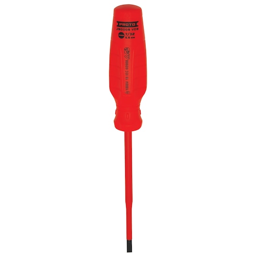 PROTO J90005-VDE insulated flathead screwdriver, red handle, front angle, photography of hand tool.