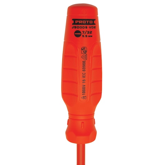 Close-up of an orange insulated screwdriver with PROTO branding and product information including model J90005-VDE, 7/32 inch size, and 1000V IEC 60900 certification on the handle.