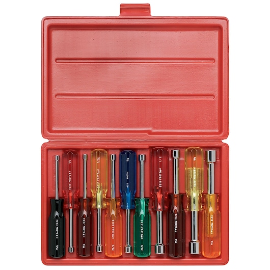 PROTO J9200DB nut driver set with multicolored handles in red case, product photography, top view.