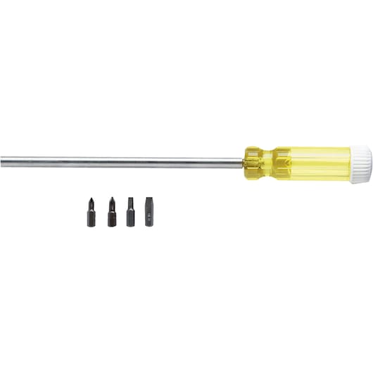 PROTO J9224 screwdriver with transparent yellow handle and four interchangeable bits, side angle on white background.