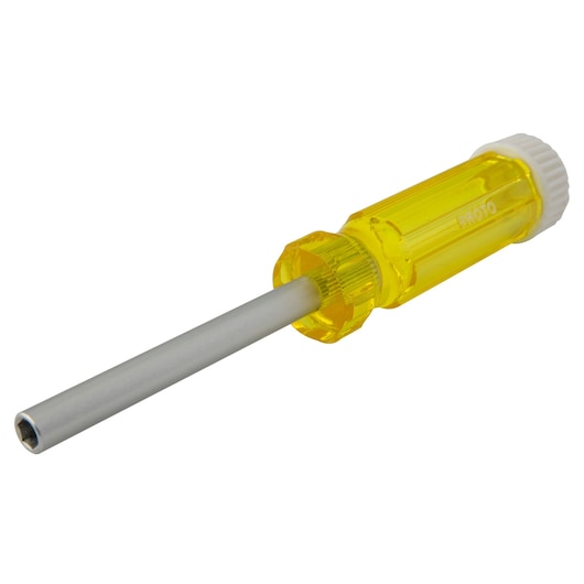 PROTO J9300MS nut driver with yellow transparent handle and silver shaft, angled on white background.